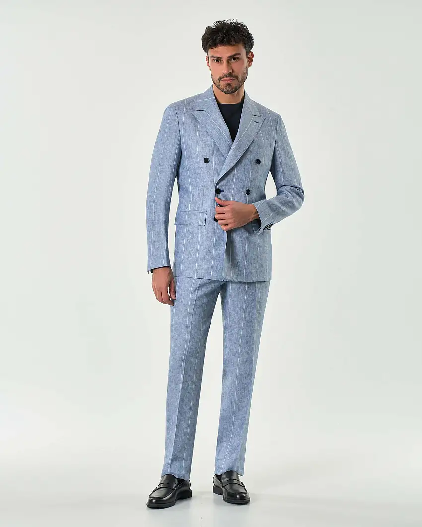 Abito Colamarino azzurro doppiopetto gessato in puro lino con rever a lancia