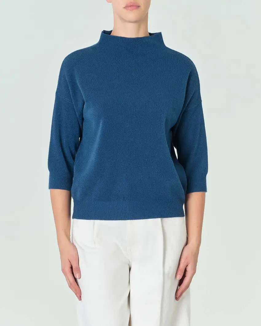 Maglia color ottanio in misto viscosa panno stoffa con maniche tre quarti e collo alto