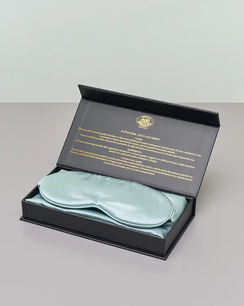 Cofanetto federa, mascherina e scrunchie color acqua in pura seta di gelso