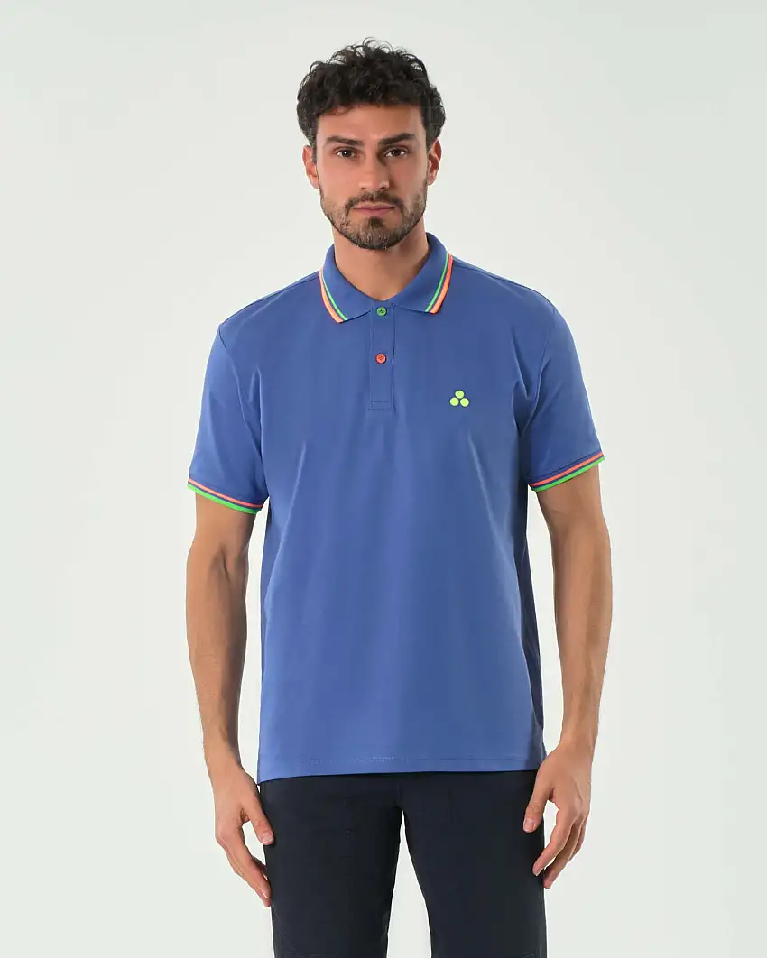 Polo Peuterey blu indaco mezza manica in cotone stretch con bordino in contrasto verde e arancione