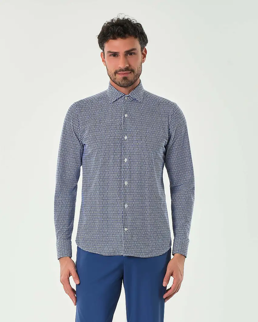 Camicia Pellizzari blu in tessuto tecnico hyper comfort a fantasia maioliche