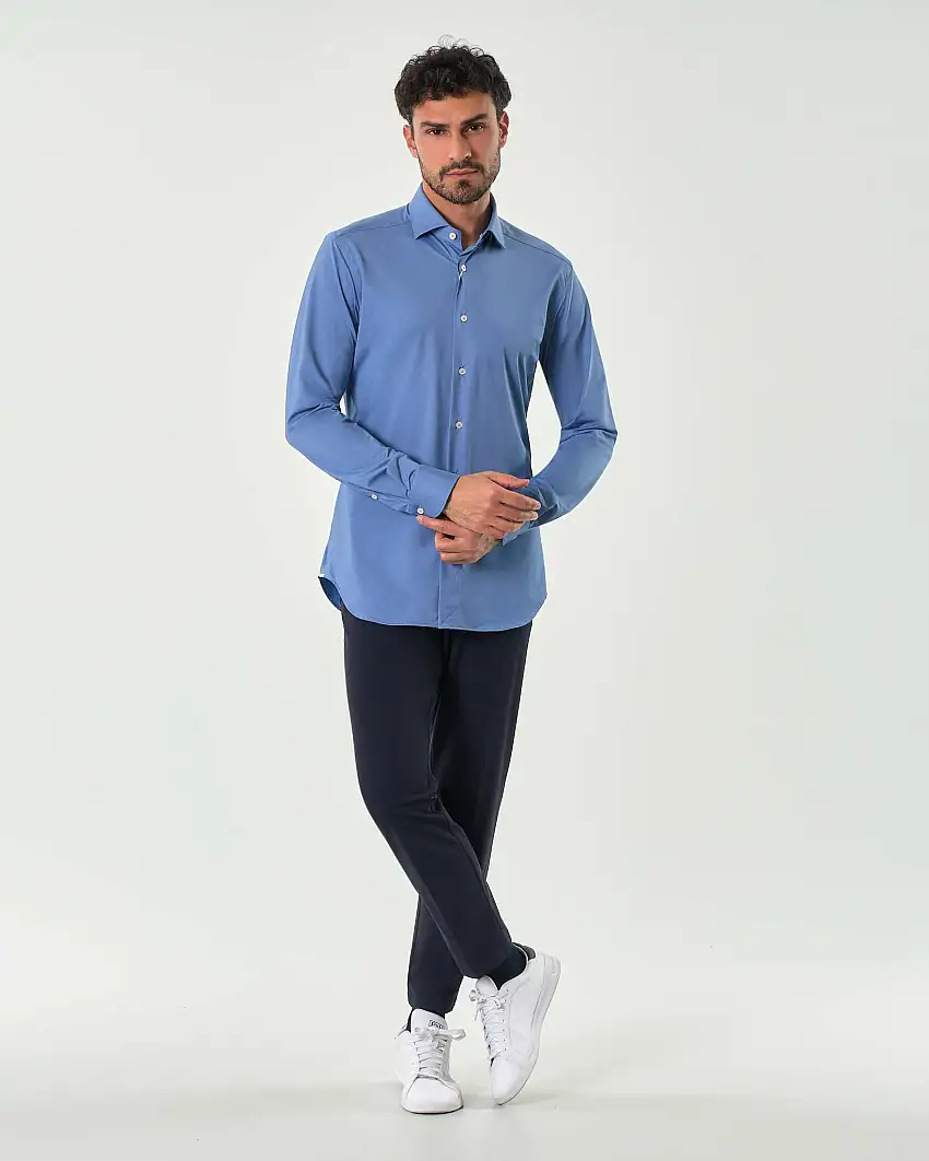 Pantaloni chino Pellizzari slim blu in tessuto tecnico stretch con elastico inserito sul retro