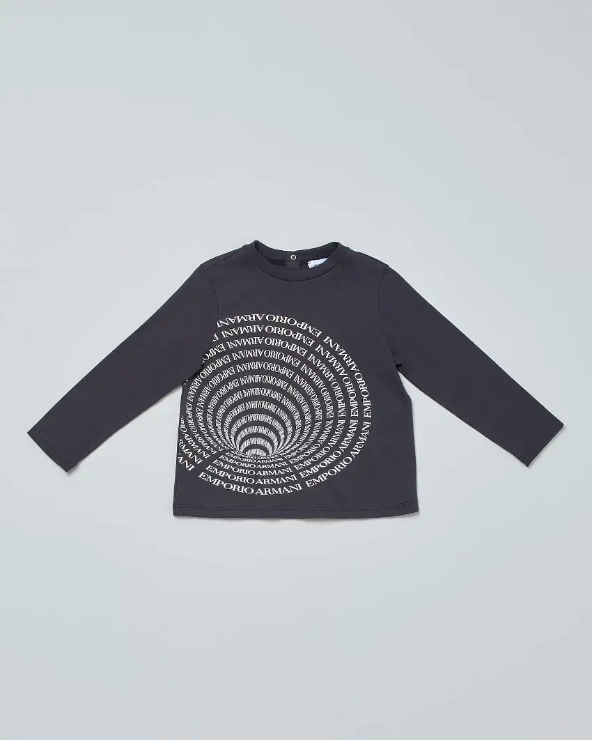 T-shirt Emporio Armani blu in cotone a manica lunga con stampa scritte logo in grafica 3D