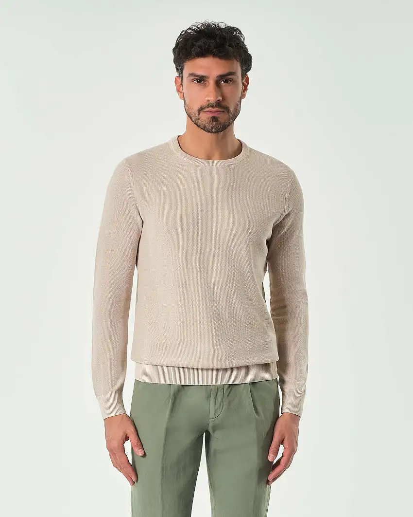 Maglia girocollo beige in puro cotone a grana di riso
