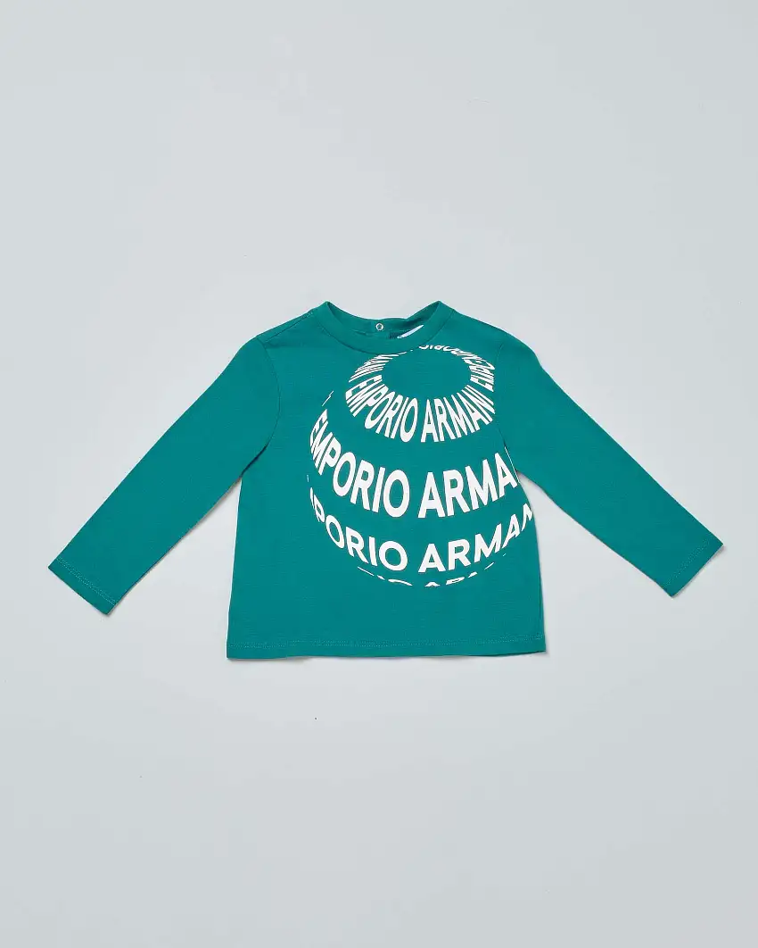 T-shirt Emporio Armani verde in cotone a manica lunga con stampa grafica scritte logo
