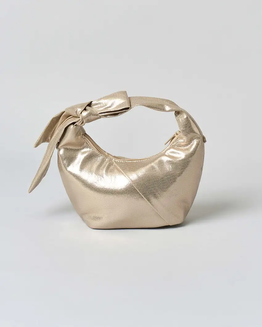 Borsa a mano Anna Cecere in similpelle effetto laminato color oro con motivo a nodo