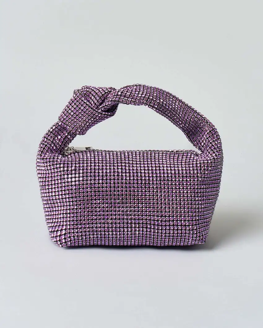 Borsa Anna Cecere in maglia di strass rosa con nodo sul manico
