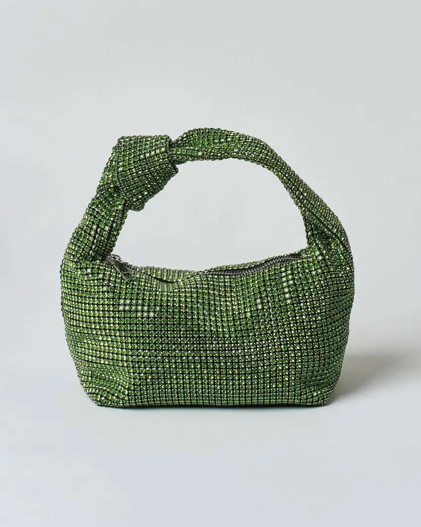 Borsa Anna Cecere in maglia di strass verde con nodo sul manico