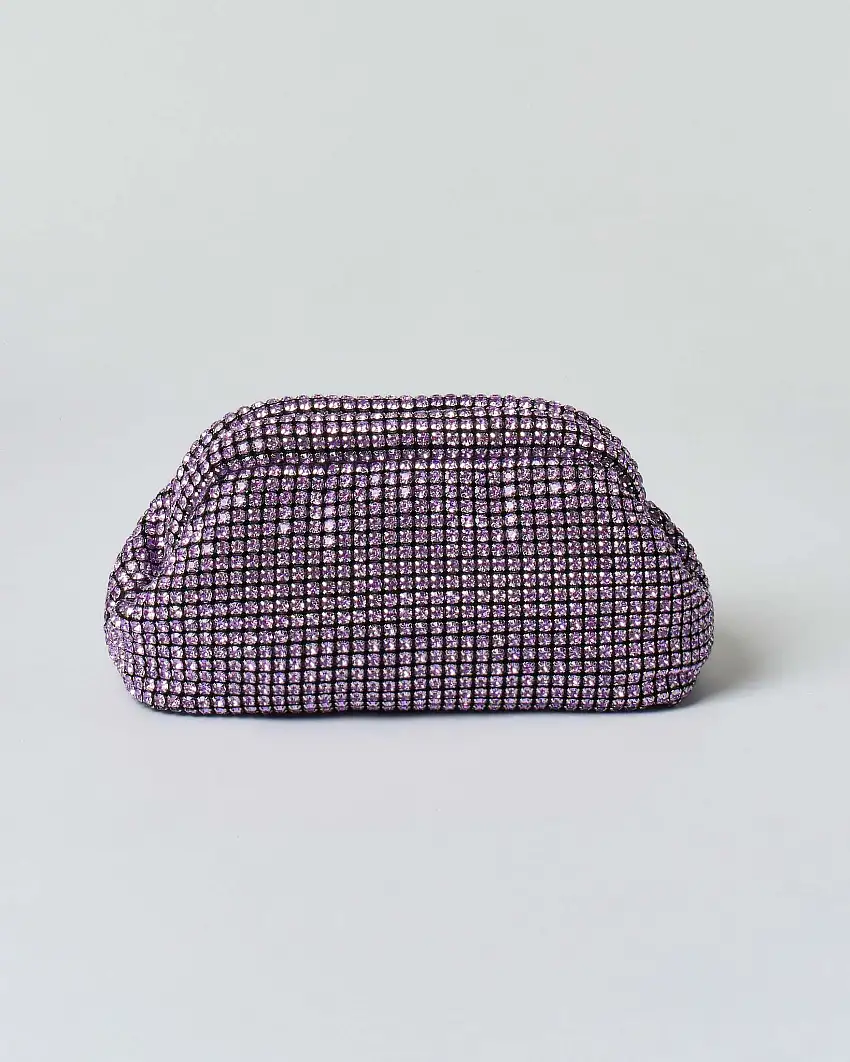 Pochette Anna Cecere in maglia di strass rosa con chiusura a scatto