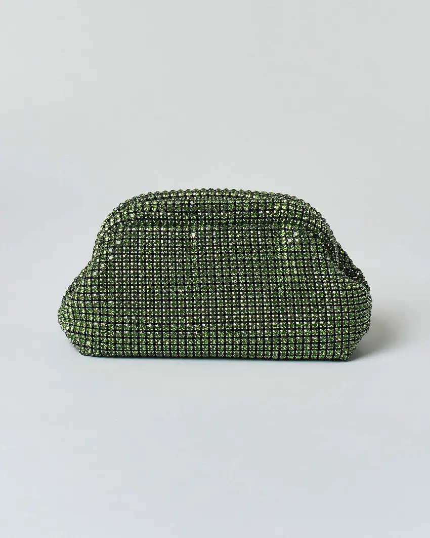 Pochette Anna Cecere in maglia di strass verde con chiusura a scatto