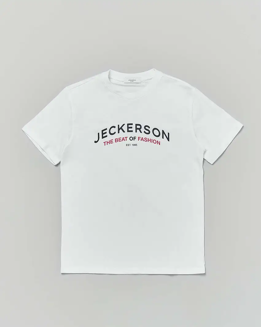 T-shirt Jeckerson bianca mezza manica con logo nero e scritta rosso