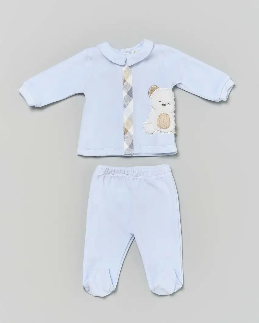 Completo Lalalù azzurro in ciniglia con orsetto ricamato e dettaglio tartan check