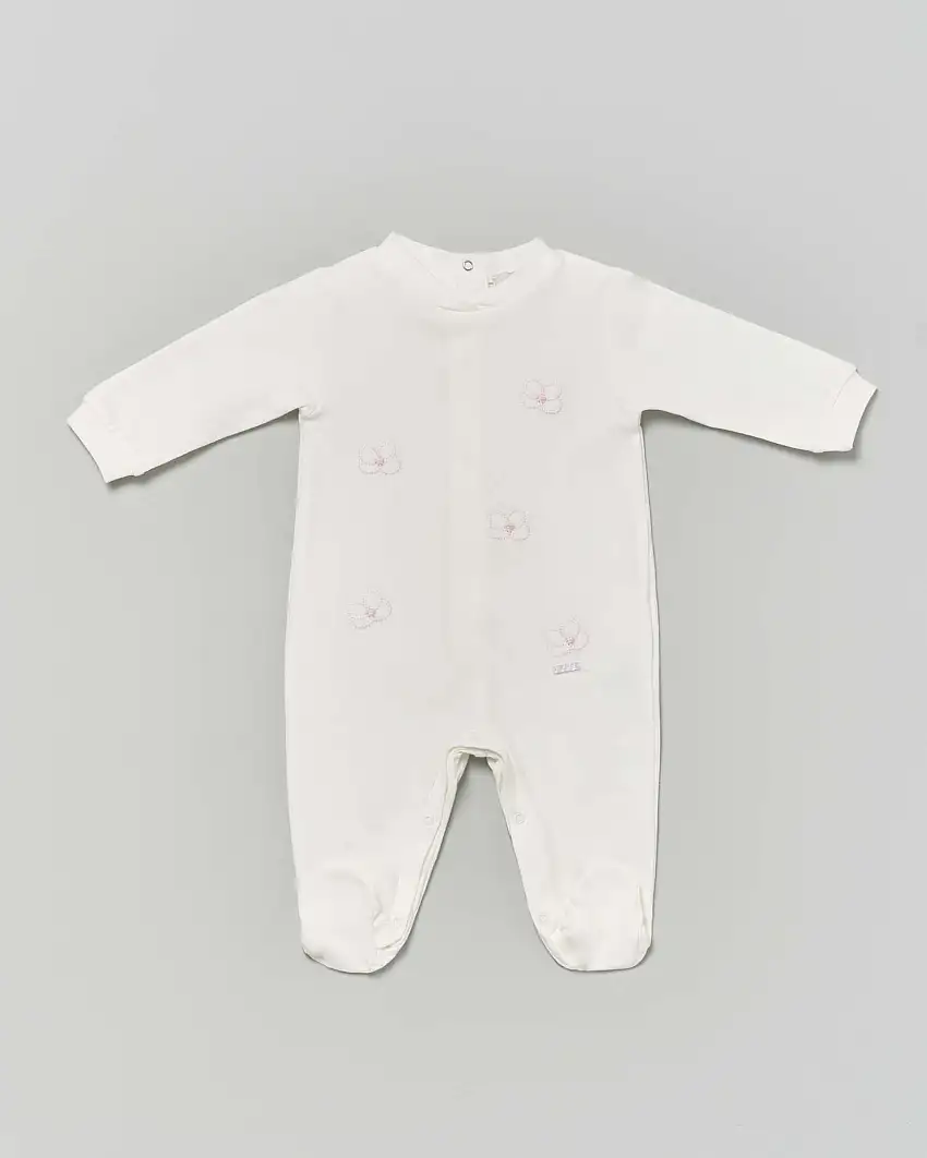 Tutina Lalalù avorio in cotone stretch con fiori rosa ricamati