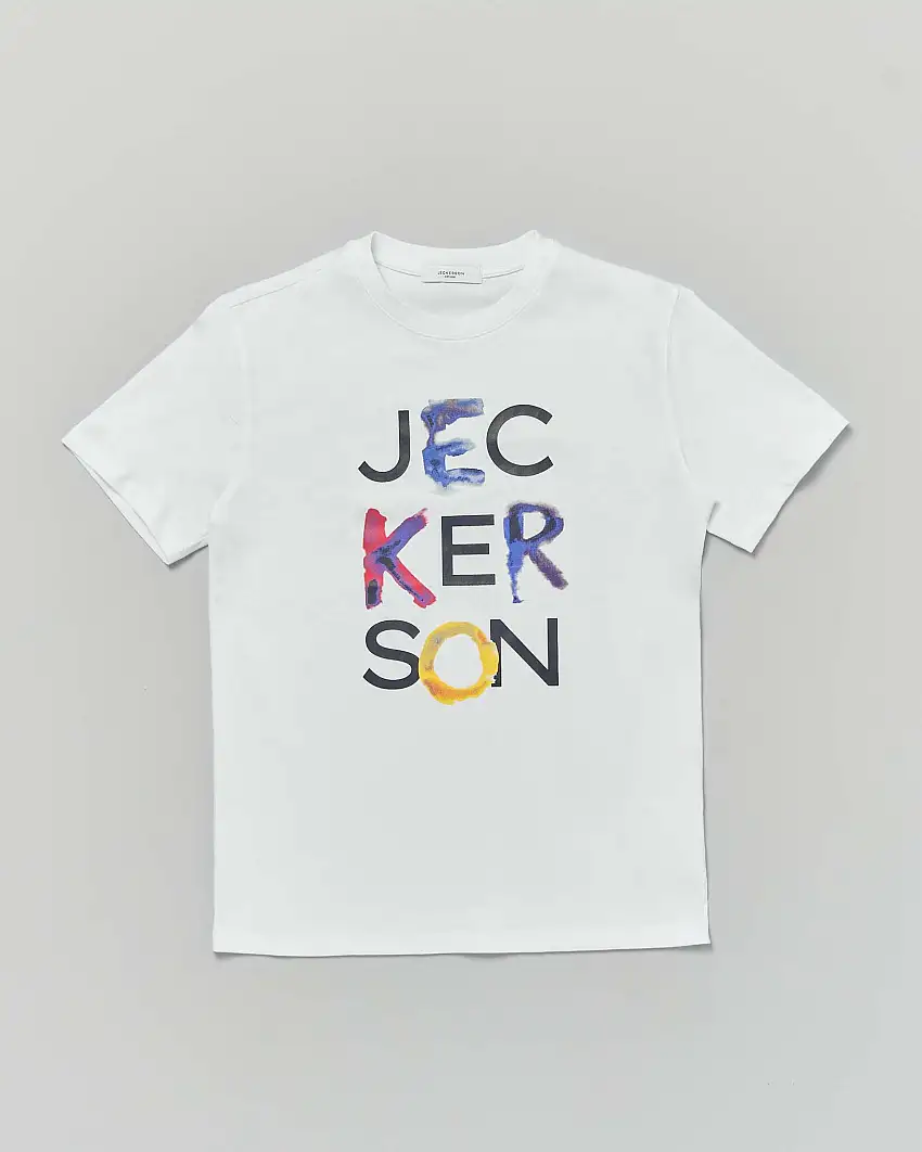 T-shirt Jeckerson bianca mezza manica con logo scritta multicolor