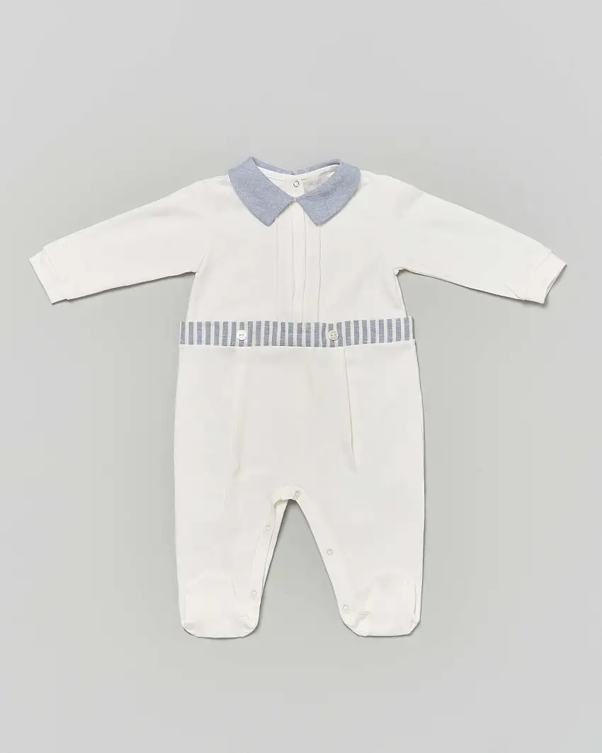 Tutina Lalalù avorio in cotone stretch con colletto e dettagli azzurri