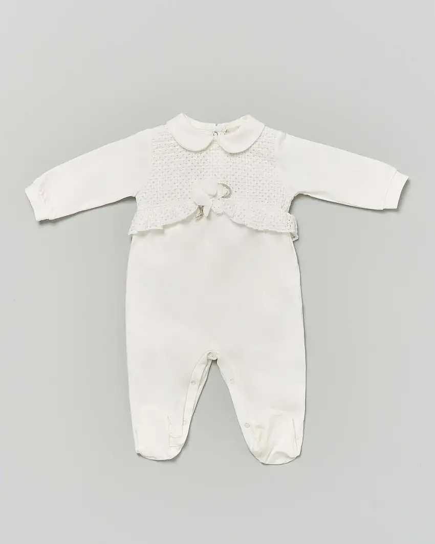 Tutina Lalalù avorio in cotone stretch con colletto stondato e inserto in pizzo sangallo