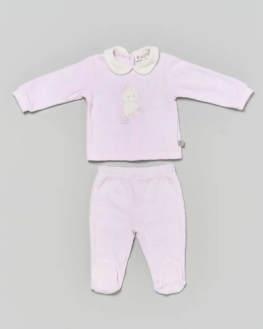 Completo Lalalù rosa in ciniglia con peperella ricamata e smiles soffusi