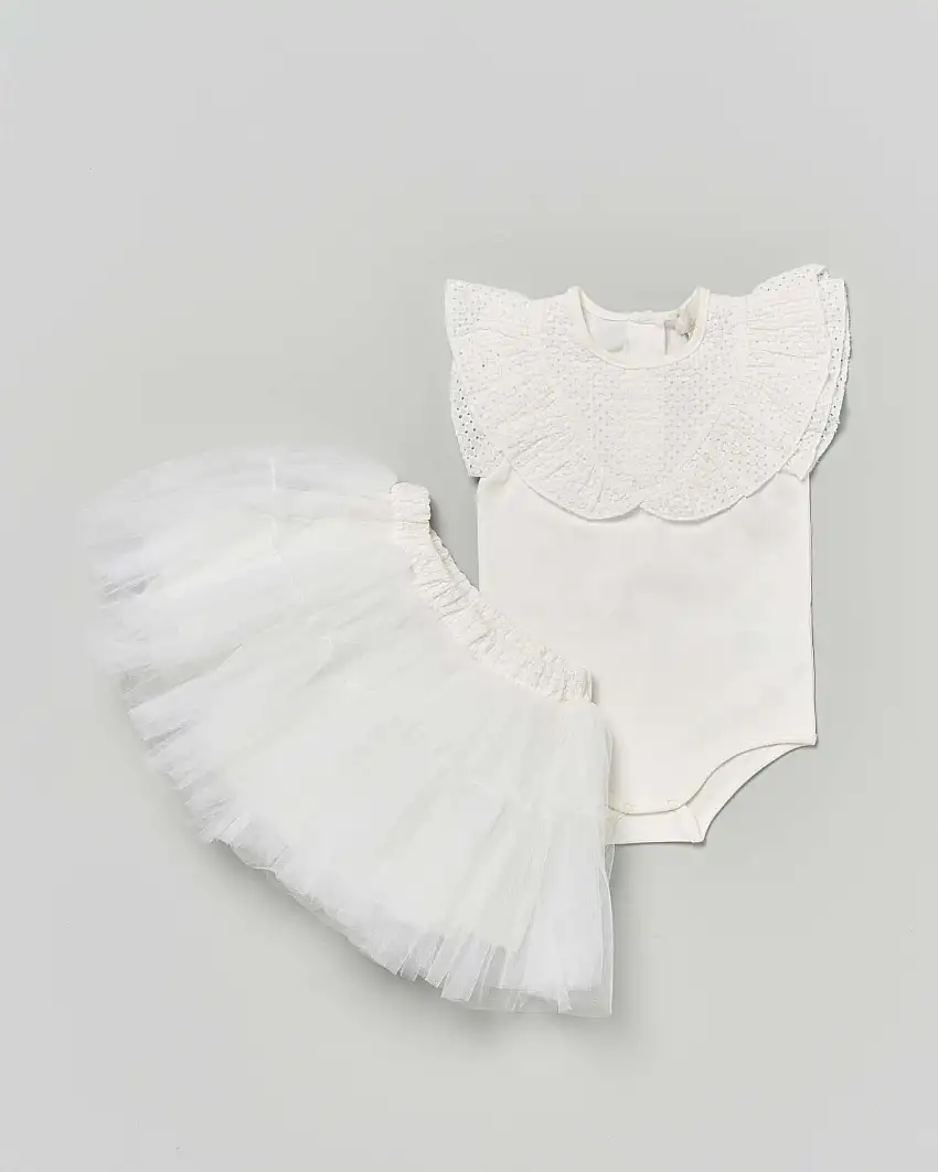 Body Lalalù avorio con ampio collo in pizzo Sangallo e gonna in tulle