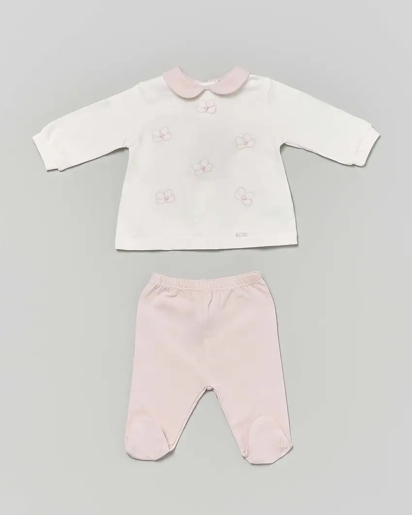 Completo nascita Lalalù bianco e rosa con fiori ricamati