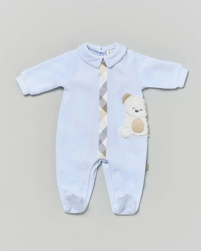 Completo Lalalù azzurro in ciniglia con orsetto ricamato e fantasia tartan check