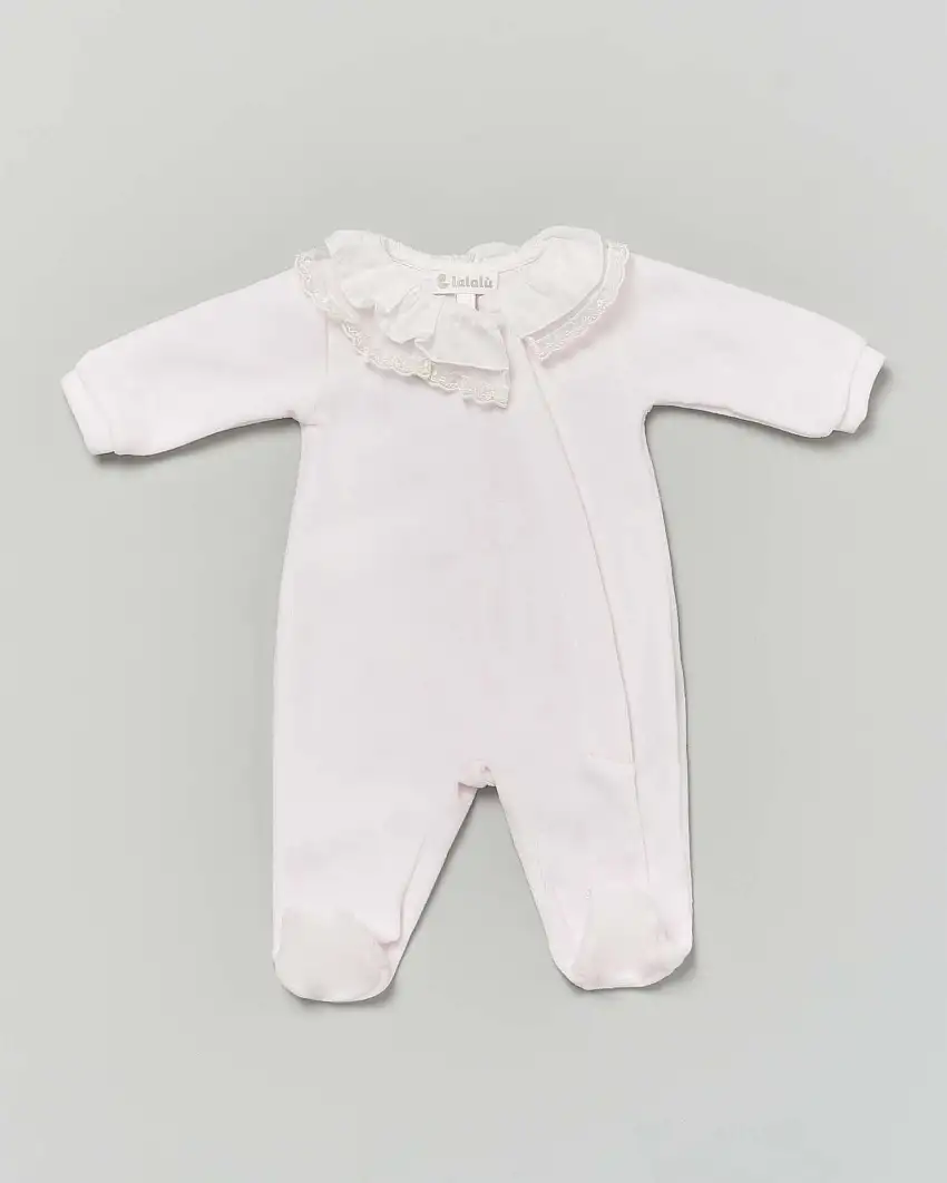 Tutina Lalalù in ciniglia rosa con colletto in pizzo