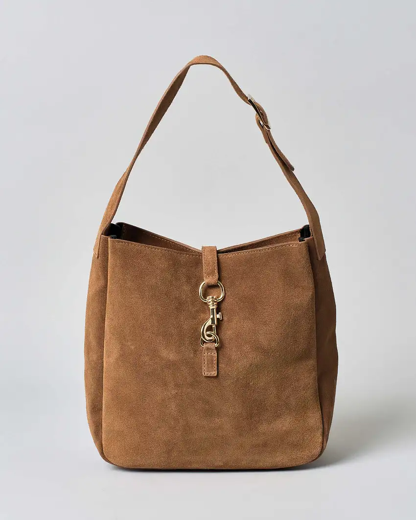 Hobo bag Hlo! color cuoio in suede con chiusura a moschettone