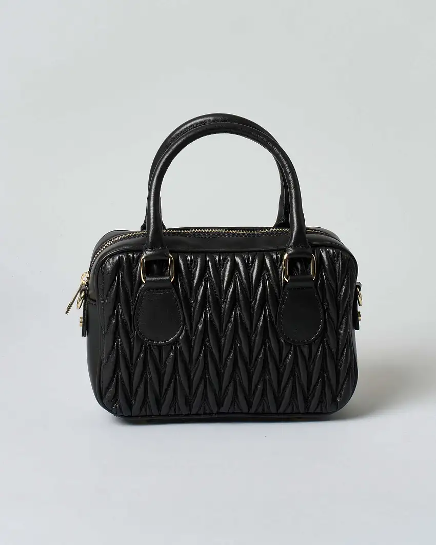 Mini bauletto Hlo! nero in pelle con motivo trapuntato chevron sul davanti
