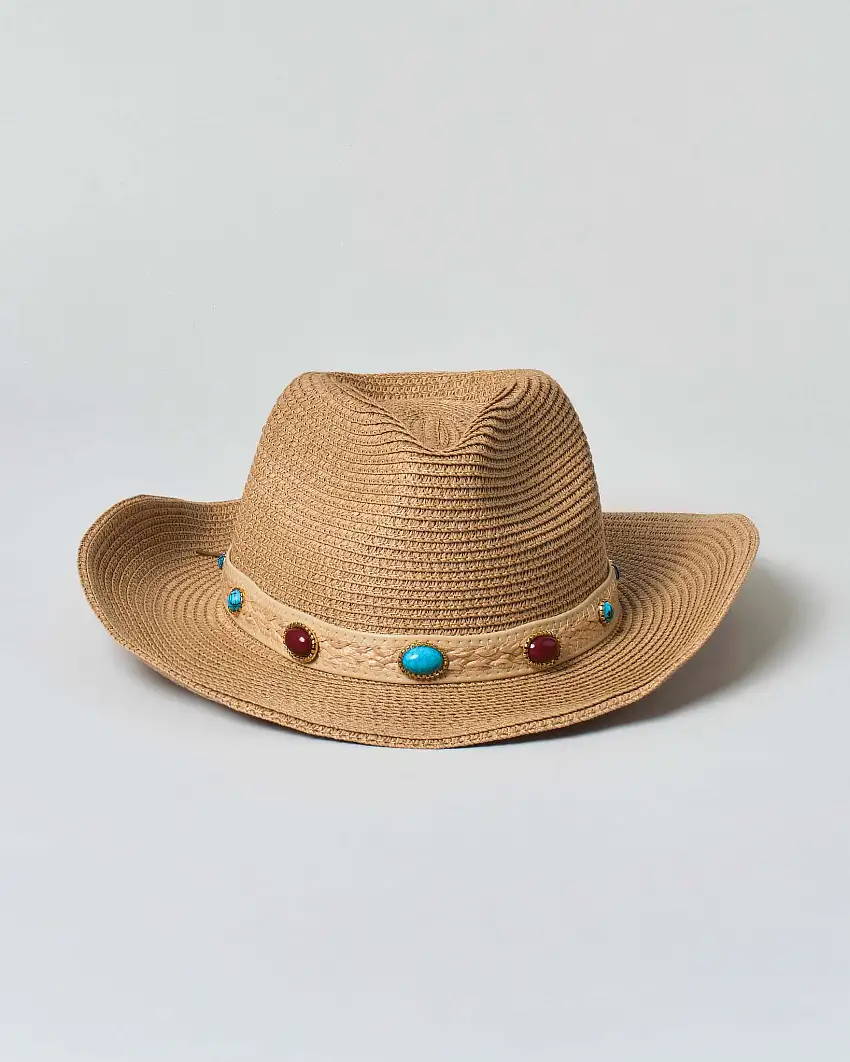 Cappello texano Hlo! color cammello in raffia con pietre applicate sulla cinta