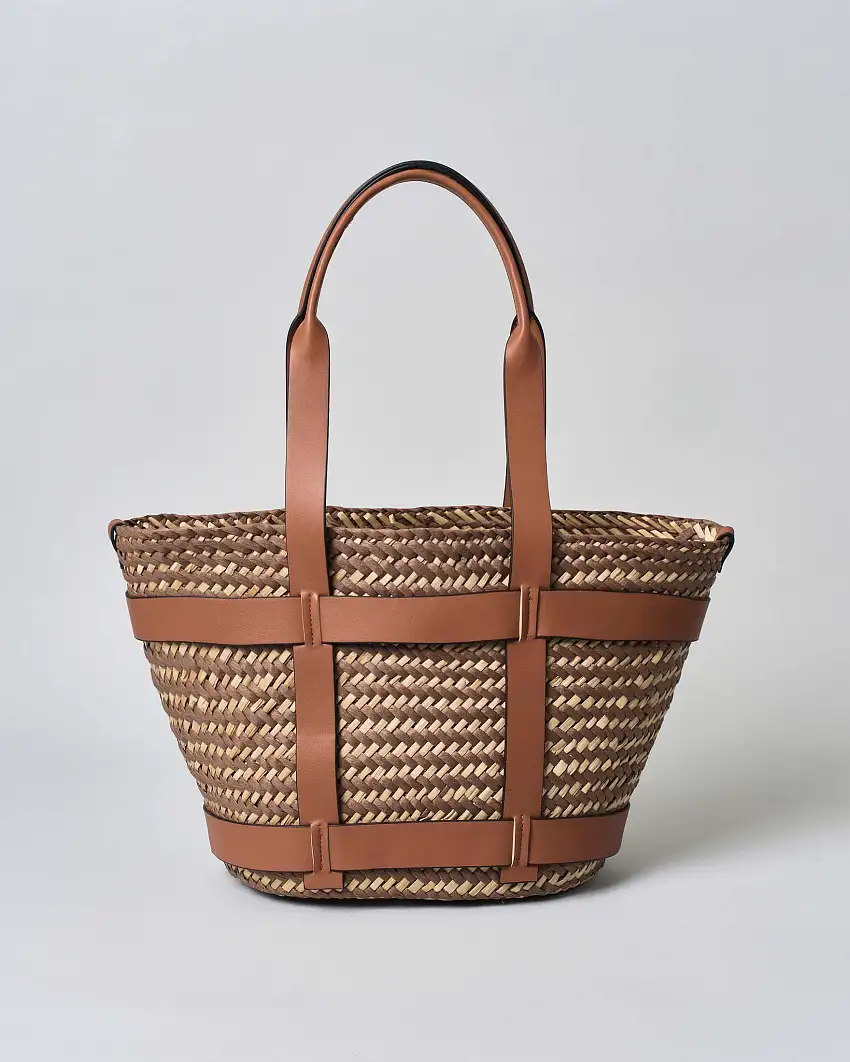 Shopping bag Hlo! in raffia intrecciata inserto in pelle liscia color cuoio
