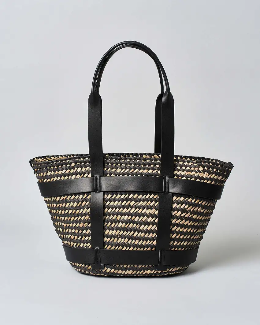 Shopping bag Hlo! in raffia intrecciata inserto in pelle liscia nera