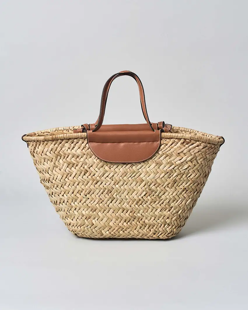 Shopping bag Hlo! in paglia naturale con manici e mascherina in pelle color cuoio