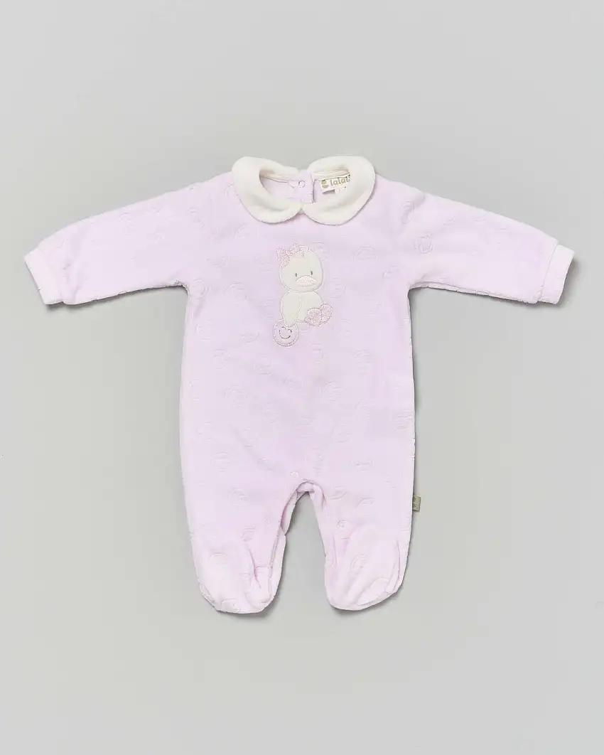 Tutina Lalalù rosa in ciniglia con paperella e motivo smiles