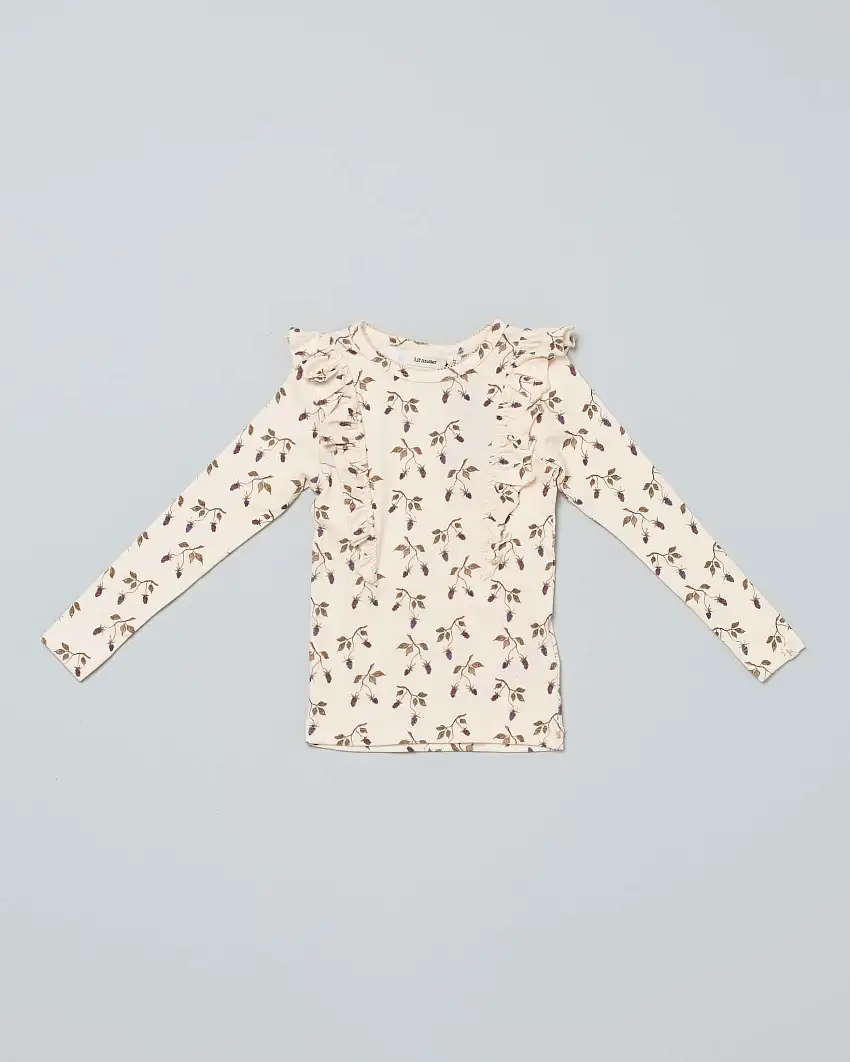 T-shirt beige in misto cotone stretch a maniche lunghe a fantasia fiorita all-over con rouches 2-7 anni