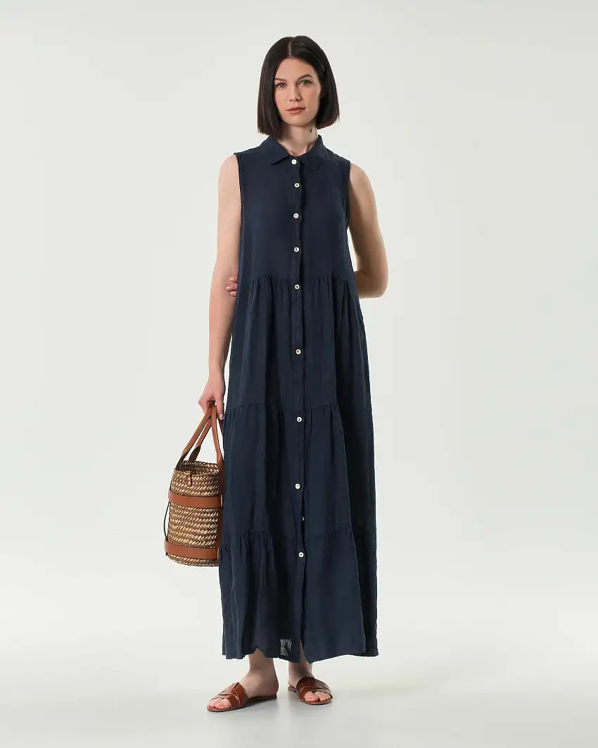 Abito lungo blu Hlo! in puro lino senza maniche con balze