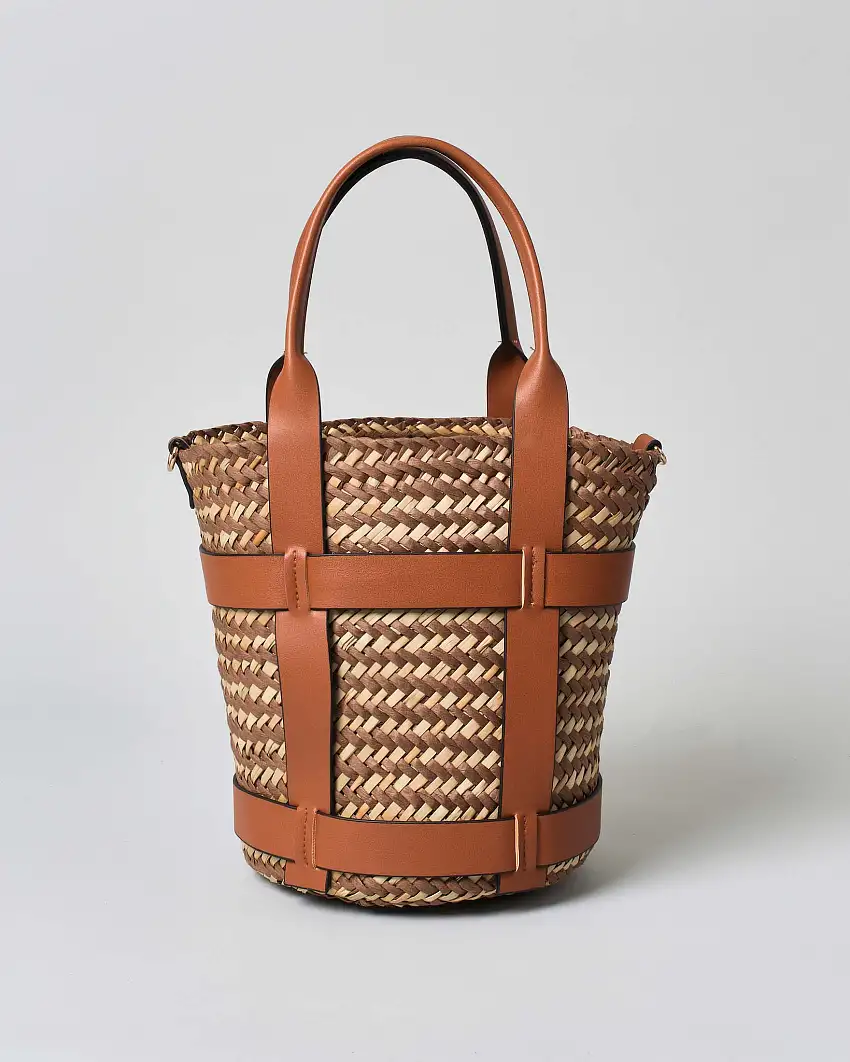 Secchiello Hlo! in raffia intrecciata inserto in pelle liscia color cuoio