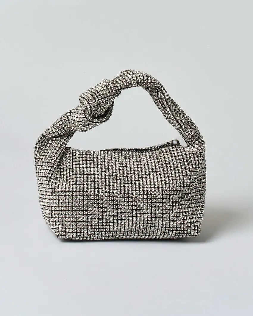 Borsa Anna Cecere in maglia di strass color argento con nodo sul manico