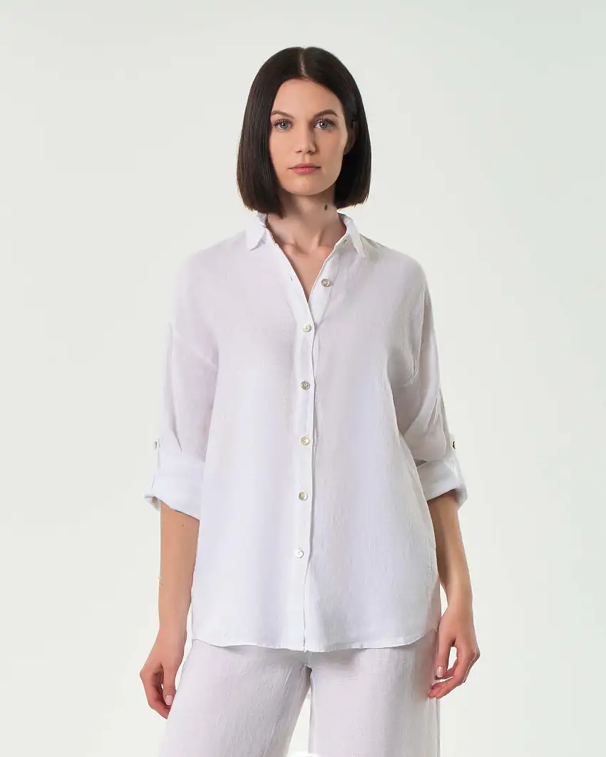 Camicia bianca Hlo! in puro lino taglio uomo con maniche arrotolate