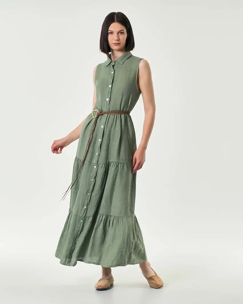 Abito lungo verde salvia Hlo! in puro lino senza maniche con balze