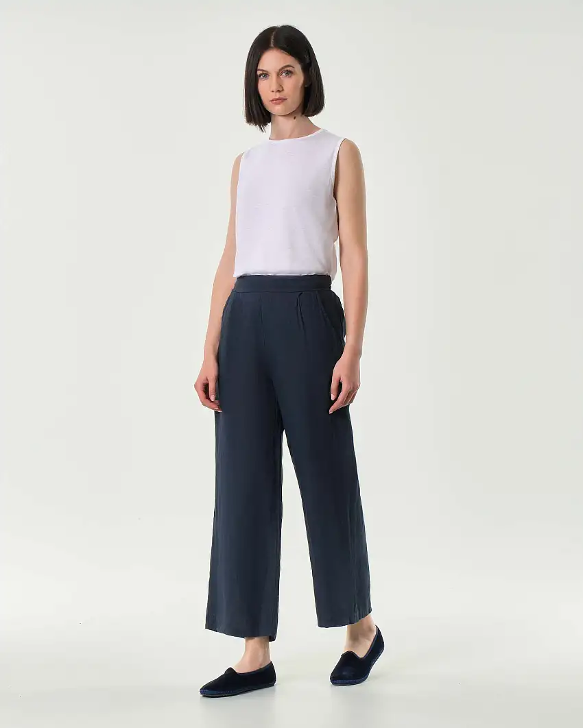 Pantaloni palazzo cropped blu Hlo! in puro lino con elastico in vita