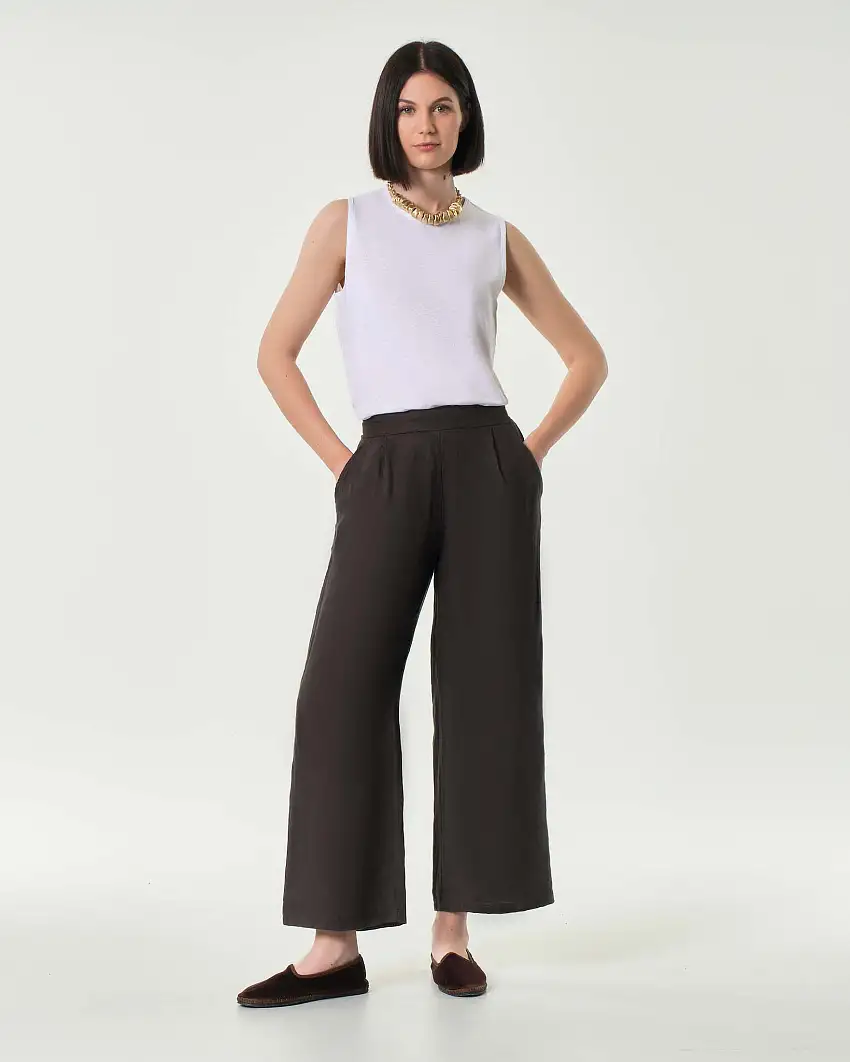 Pantaloni palazzo cropped marroni Hlo! in puro lino con elastico in vita