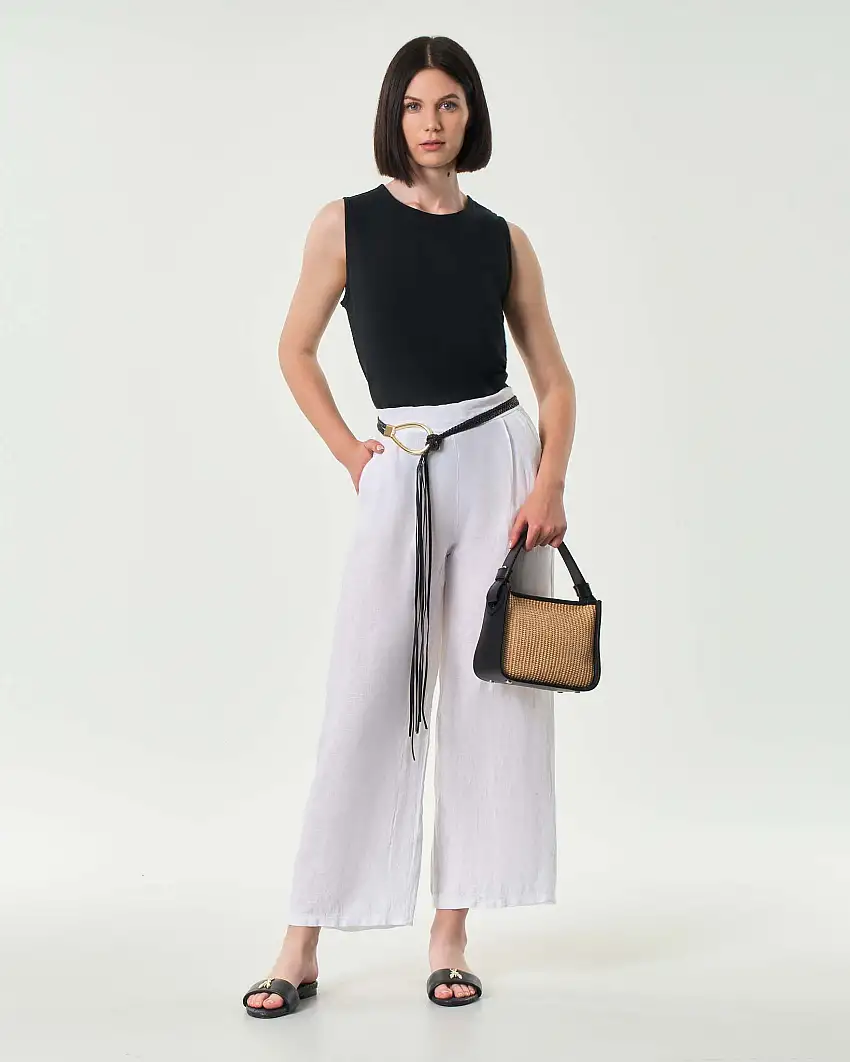 Pantaloni palazzo cropped bianchi Hlo! in puro lino con elastico in vita