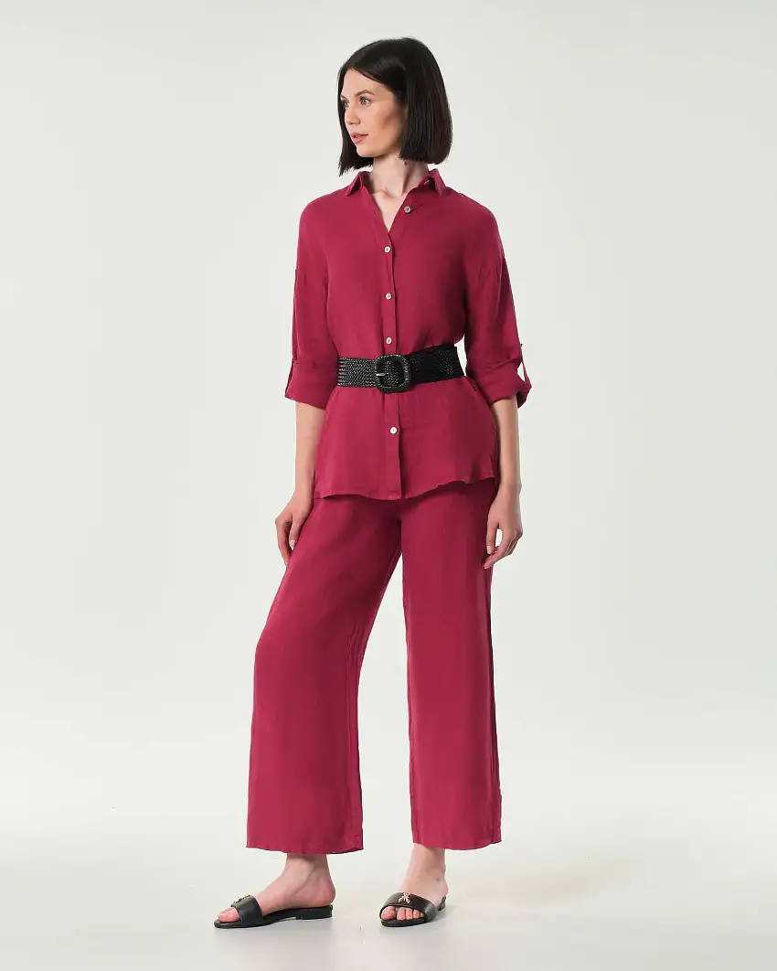 Pantaloni palazzo cropped Hlo! rosso ciliegia in puro lino con elastico in vita