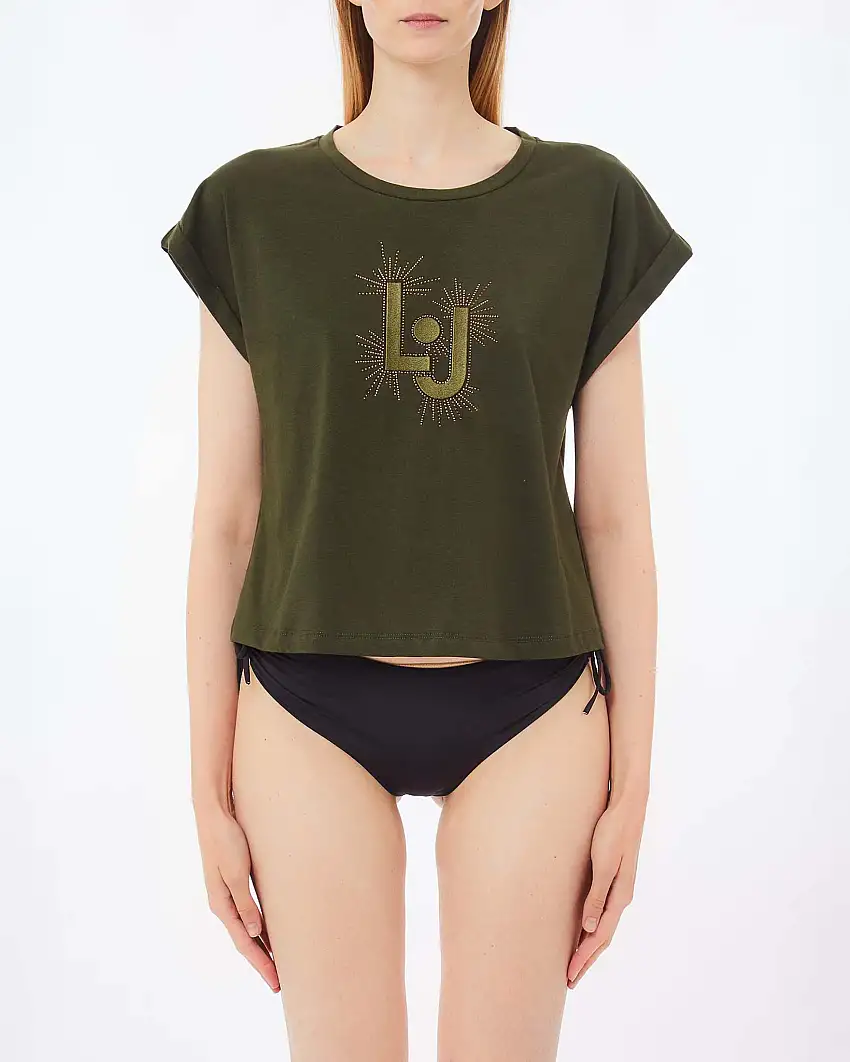 T-shirt cropped verde militare Liu Jo Mare con maniche ad aletta e maxi logo frontale con strass applicati