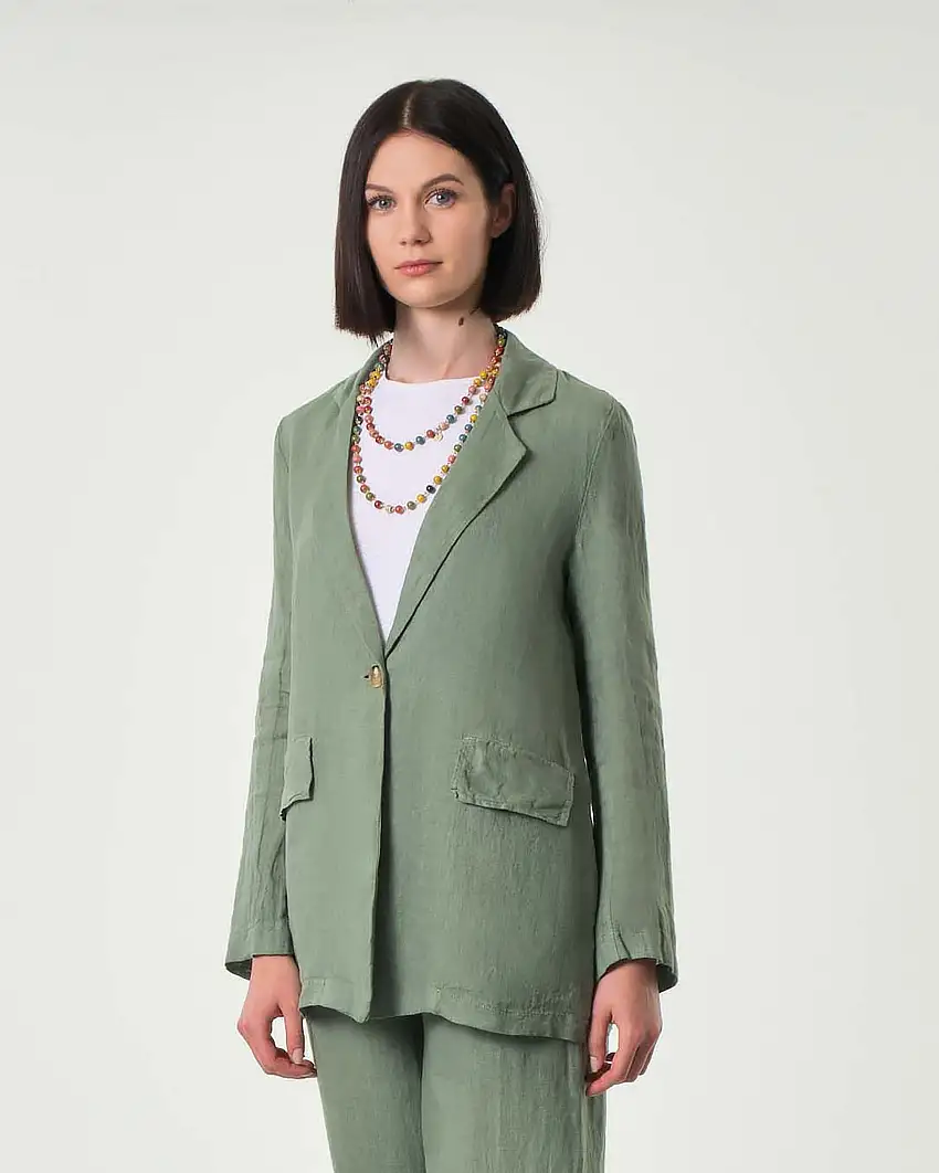 Blazer Hlo! verde salvia a un bottone in puro lino sfoderato con scollo a rever