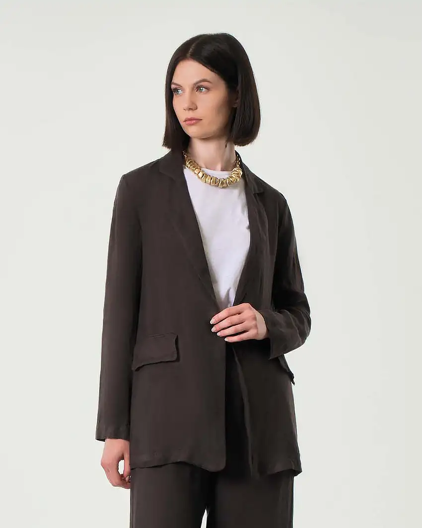 Blazer marrone Hlo! a un bottone in puro lino sfoderato con scollo a rever