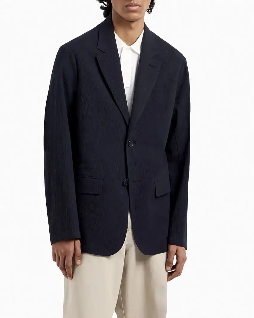 Blazer Armani Exchange blu monopetto in seersucker di cotone stretch