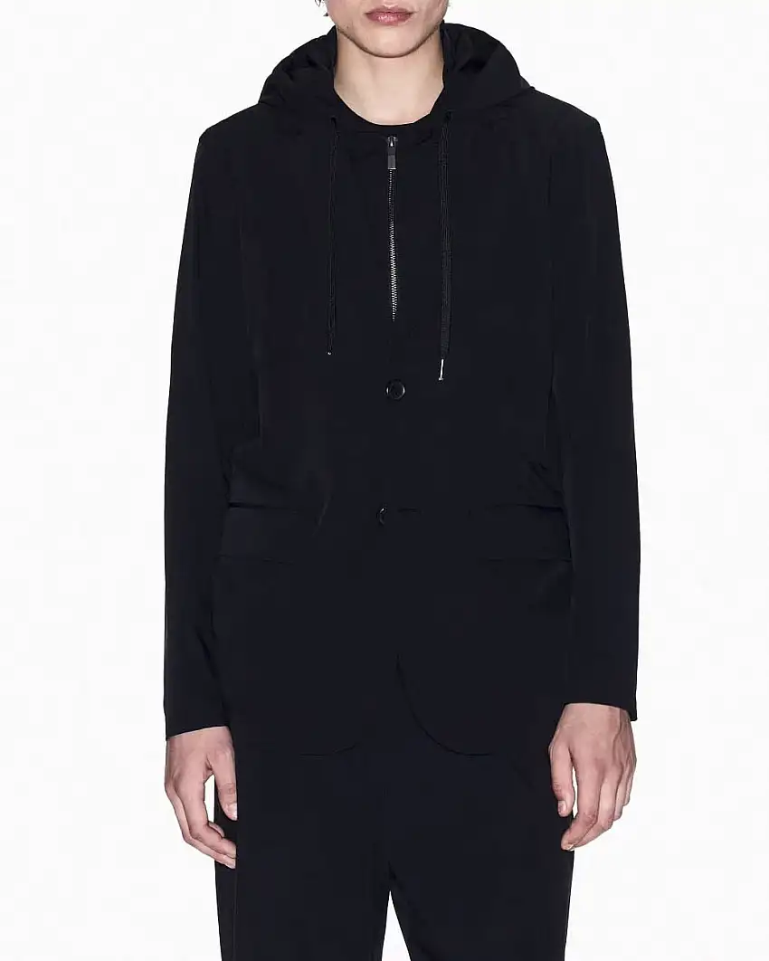 Giacca Armani Exchange nera in tessuto tecnico stretch con davantino e cappuccio staccabili