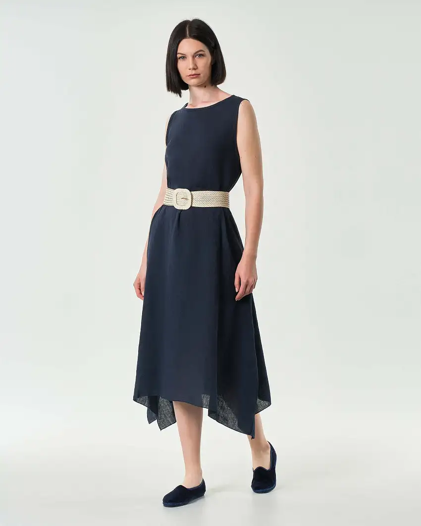 Abitol lungo blu Hlo! senza maniche in puro lino con fondo asimmetrico a punta con spacchi