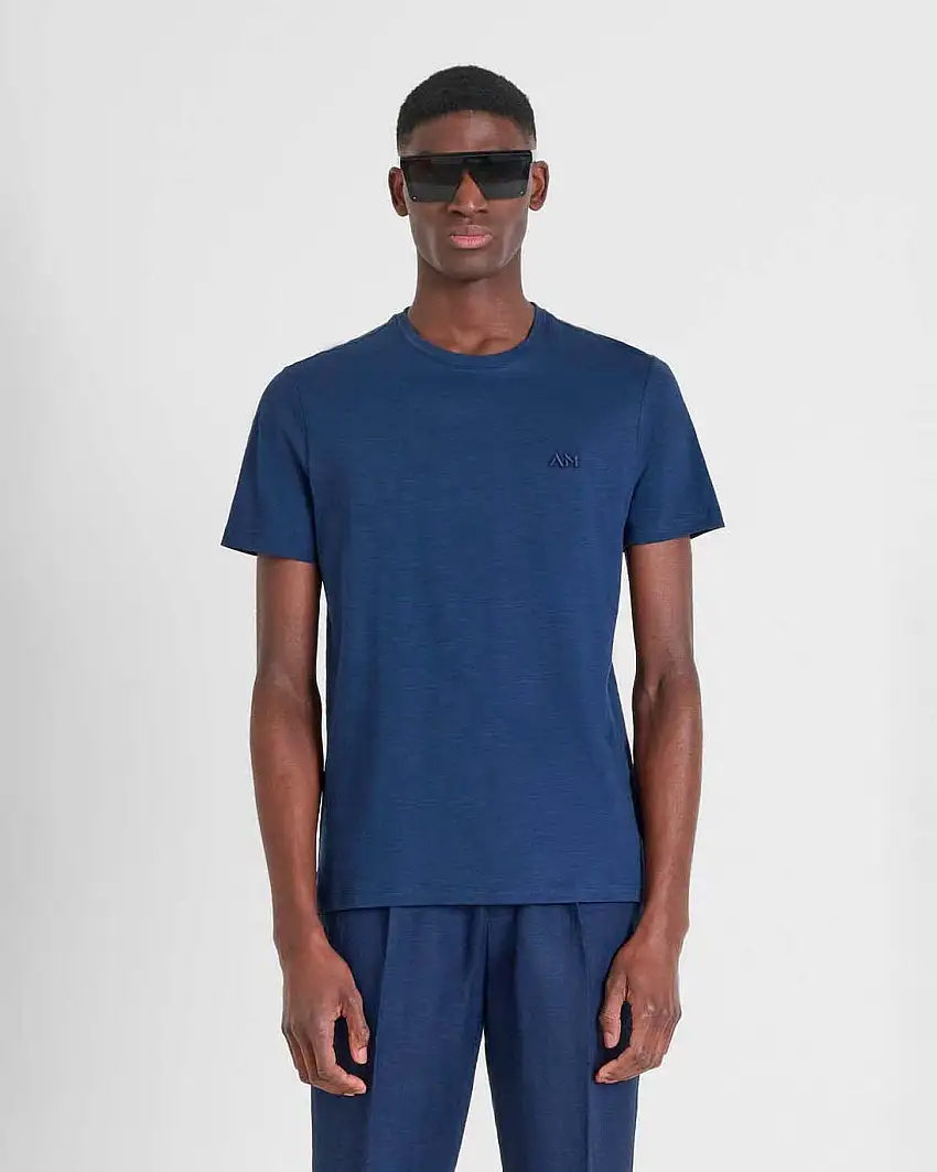 T-shirt mezza manica Antony Morato blu indaco in puro cotone fiammato con logo sigla in tono