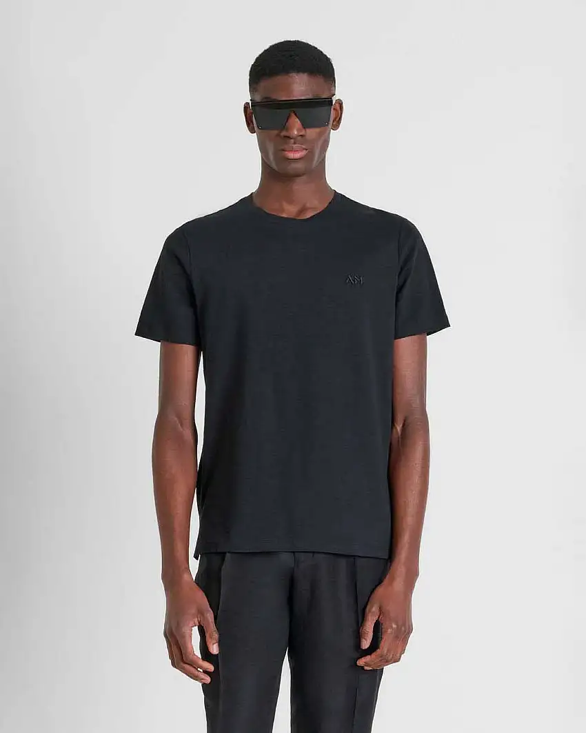 T-shirt mezza manica Antony Morato nera in puro cotone fiammato con logo sigla in tono